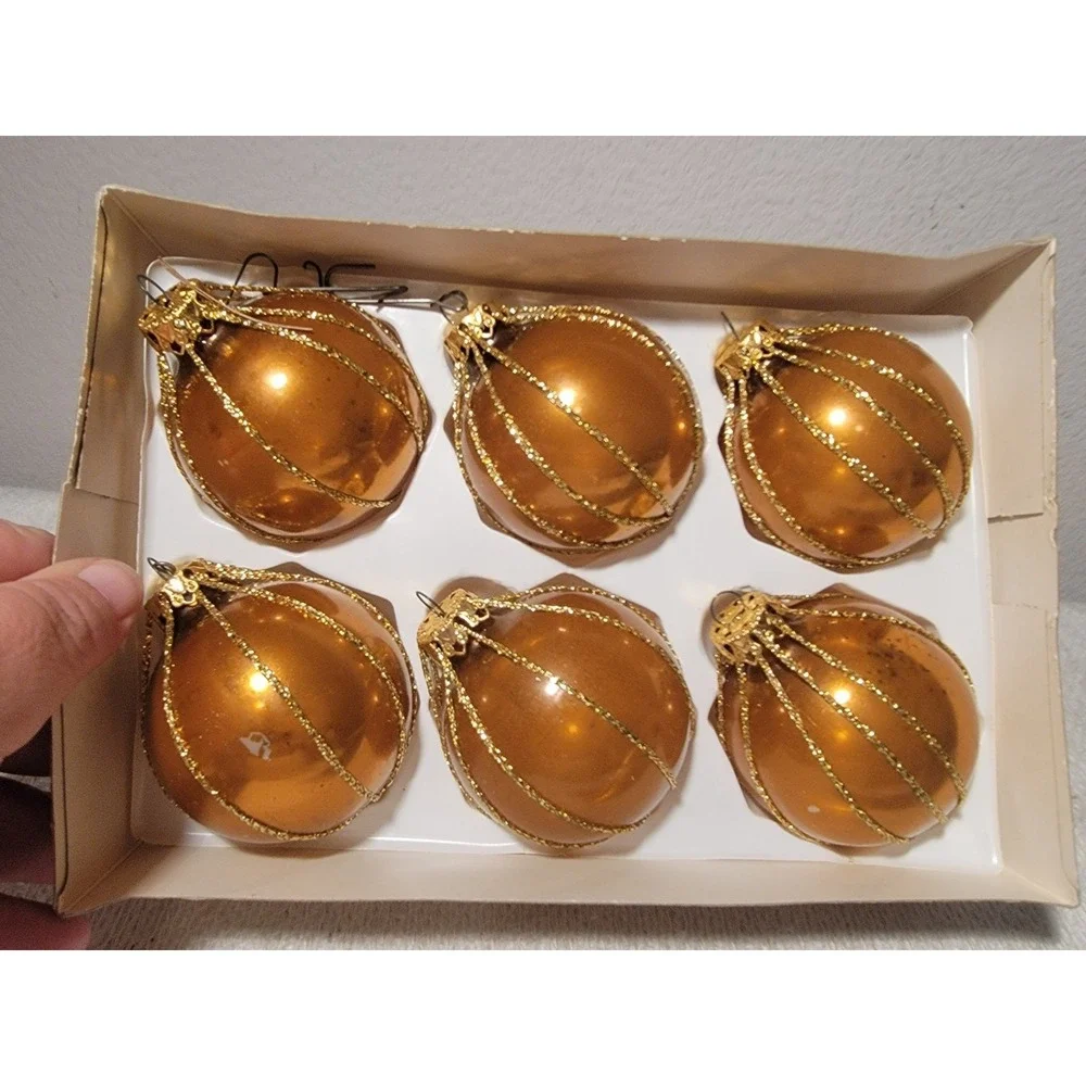 6 Vtg Christmas Gold & Glitter Glass Ornament 2.5